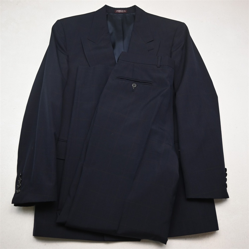 Vtg USA Made Double Breasted 40L 33x34 Navy Blue 100% Wool Mens Suit